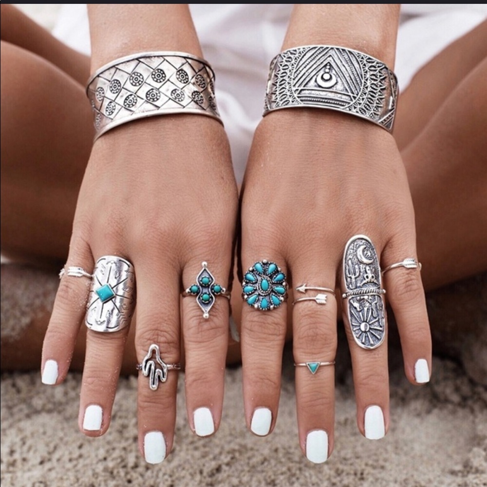 9 Pc Silver Turquoise Boho Ring Set